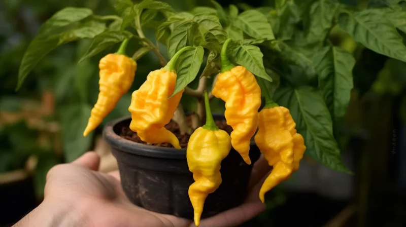 peach ghost pepper plants in a pot