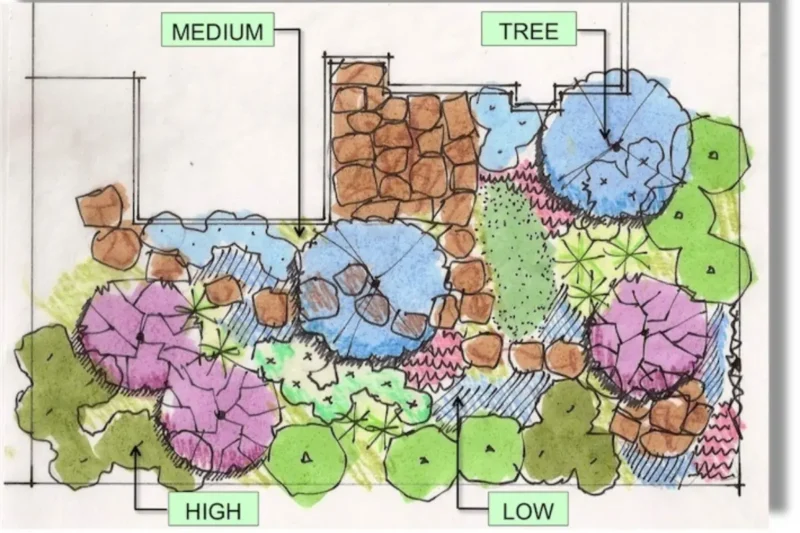 A garden layout sketch with different plant types marked for spring planting.
