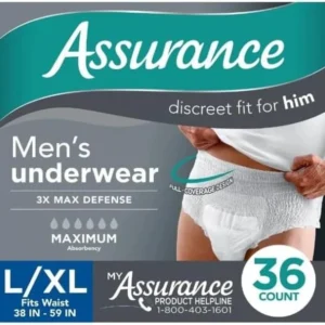 Assurance~ Men's Incontinence Underwear, L/XL, Maximum Absorbency ~ (36 Count) ~ (X-Large) ~ (White) Pack of 1