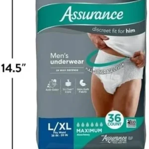 Assurance~ Men's Incontinence Underwear, L/XL, Maximum Absorbency ~ (36 Count) ~ (X-Large) ~ (White) Pack of 1