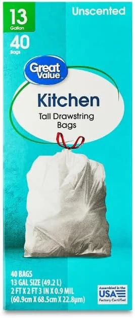 13-Gallon Drawstring Tall Kitchen Trash Bags, Unscented, 40 Bags_(pack of 1)