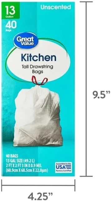 13-Gallon Drawstring Tall Kitchen Trash Bags, Unscented, 40 Bags_(pack of 1)